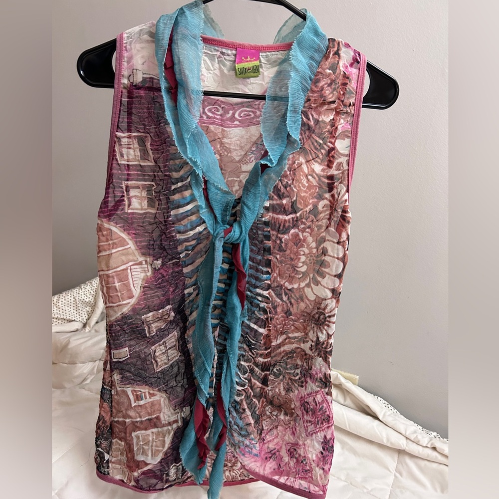 Save The Queen Rare Multicolor Printed Mesh Floral Tank Top boho chic 60s